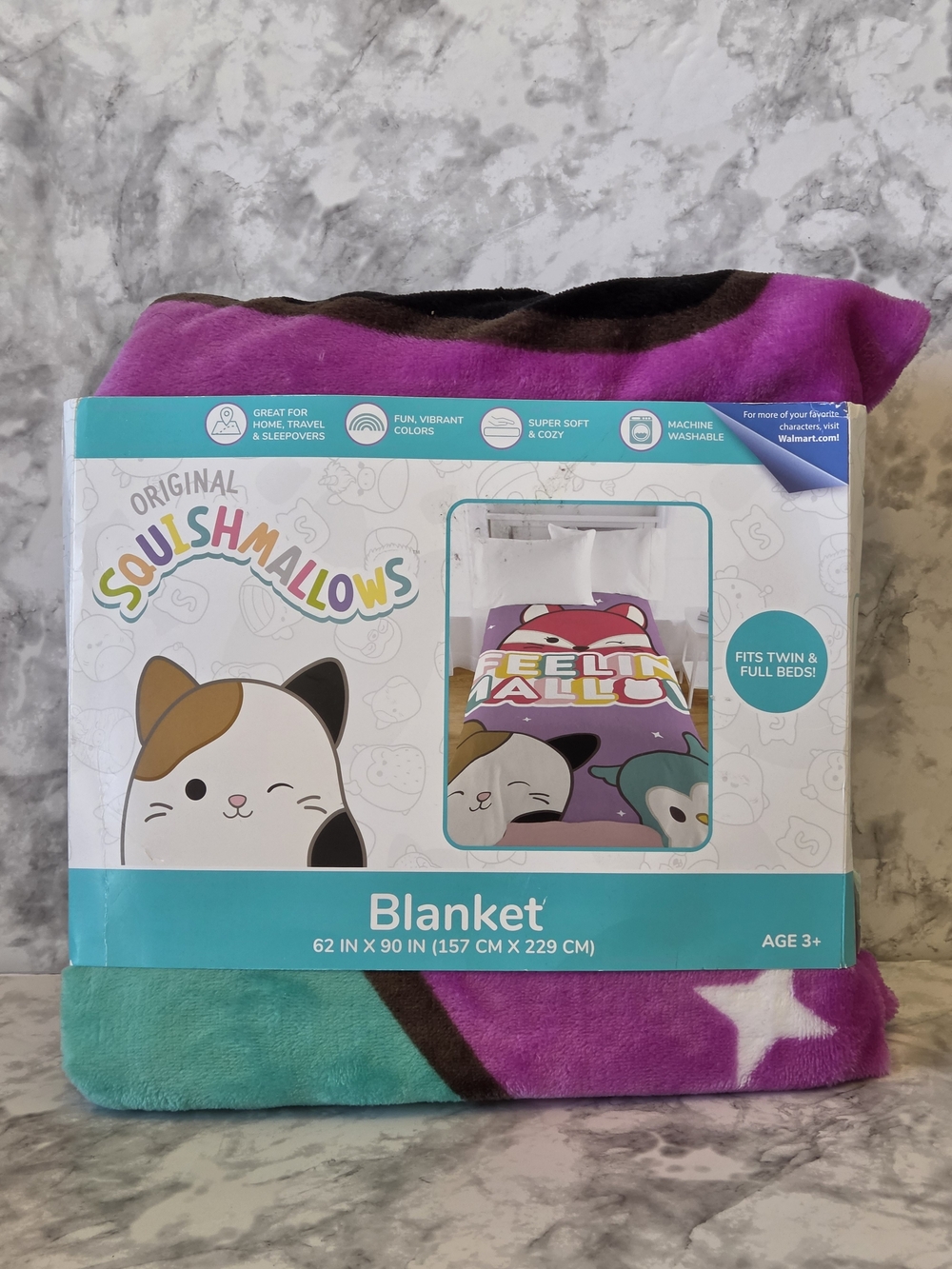 Original Squishmallows 'Feelin Mallow' Purple & Teal Plush Blanket